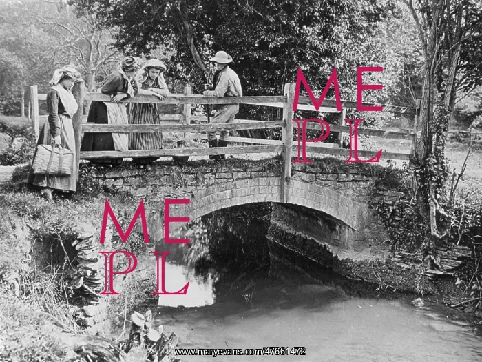 : Villagers on a bridge over a stream, 1890s : Villagers on a bridge over a stream, 1890s