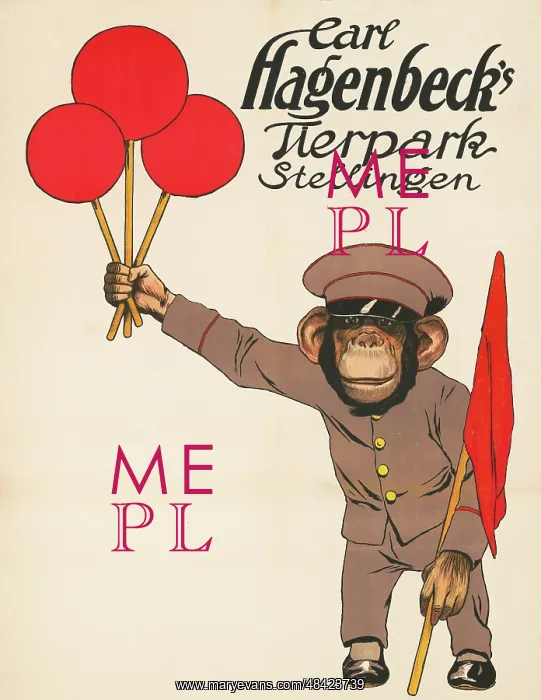 : Vintage circus poster - a monkey holding balloons : Vintage circus poster - a monkey holding balloons