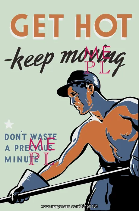 : Vintage propaganda poster featuring a worker shoveling coal : Vintage propaganda poster featuring a worker shoveling coal