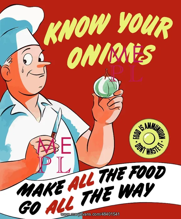 : Vintage World War II poster of a chef holding : Vintage World War II poster of a chef holding