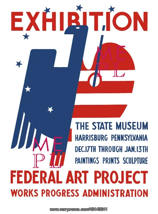 : Vintage WPA poster features a red, white, and blue eagle : Vintage WPA poster features a red, white, and blue eagle