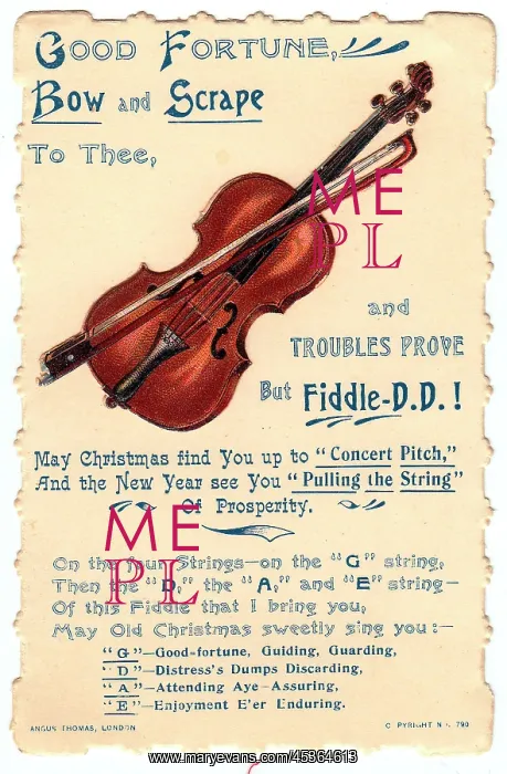  : Violin with comic verse on a Christmas and New Year card