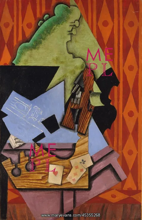 : VIOLIN AND PLAYING CARDS ON A TABLE, by Juan Gris : VIOLIN AND PLAYING CARDS ON A TABLE, by Juan Gris