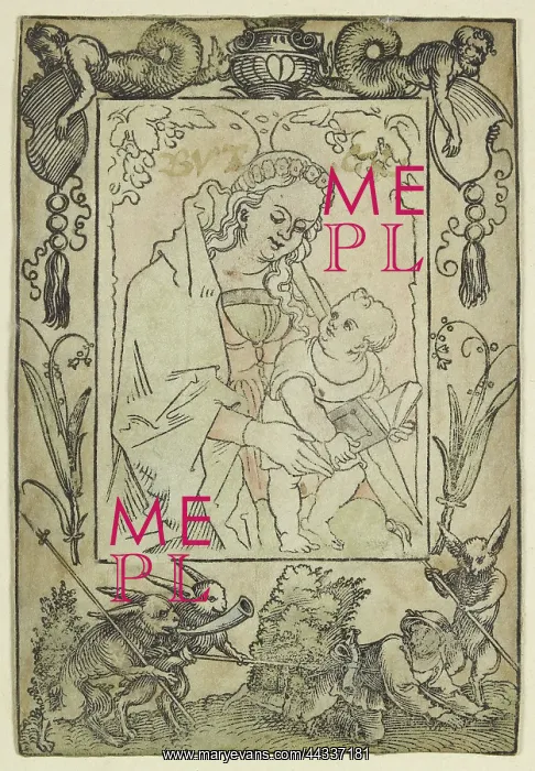 : The Virgin and Child surrounded by a border with a hunter an : The Virgin and Child surrounded by a border with a hunter an