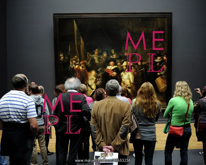 : Visitors looking at The Night Watch by Rembrandt : Visitors looking at The Night Watch by Rembrandt