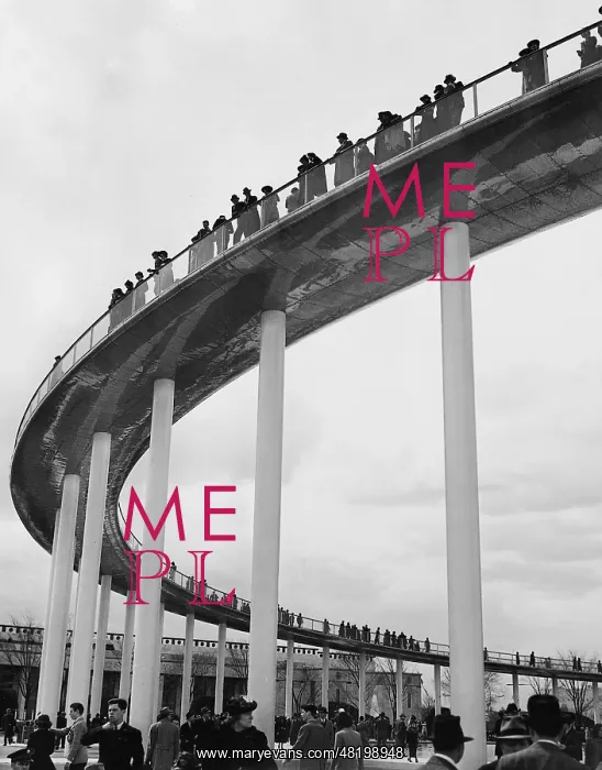 : Visitors on a pedestrian bridge on the site of the World Exh : Visitors on a pedestrian bridge on the site of the World Exh