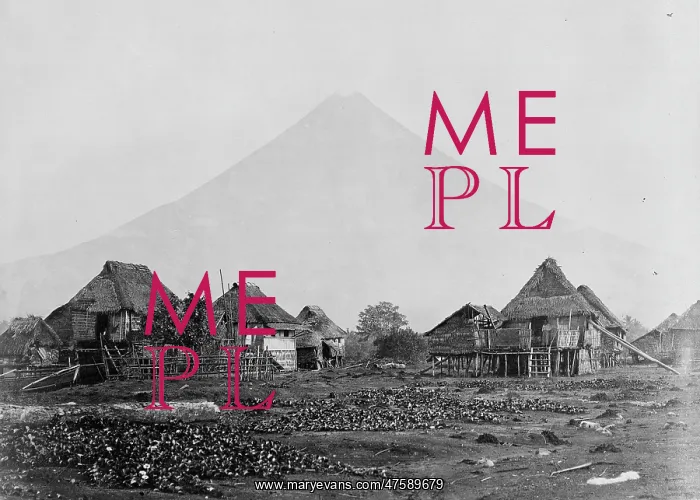 : Volcano with straw roofed house in foreground, Moluccas, Ind : Volcano with straw roofed house in foreground, Moluccas, Ind