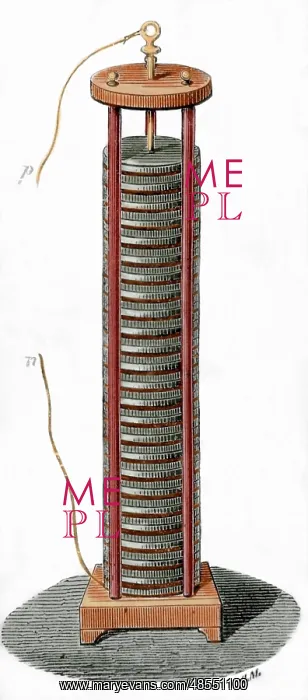 : Voltaic pile by alessandro Volta. Colored engraving : Voltaic pile by alessandro Volta. Colored engraving