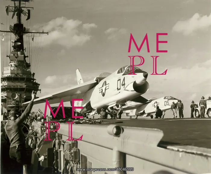 : Two Vought F8U Crusaders preparing to catapult off : Two Vought F8U Crusaders preparing to catapult off