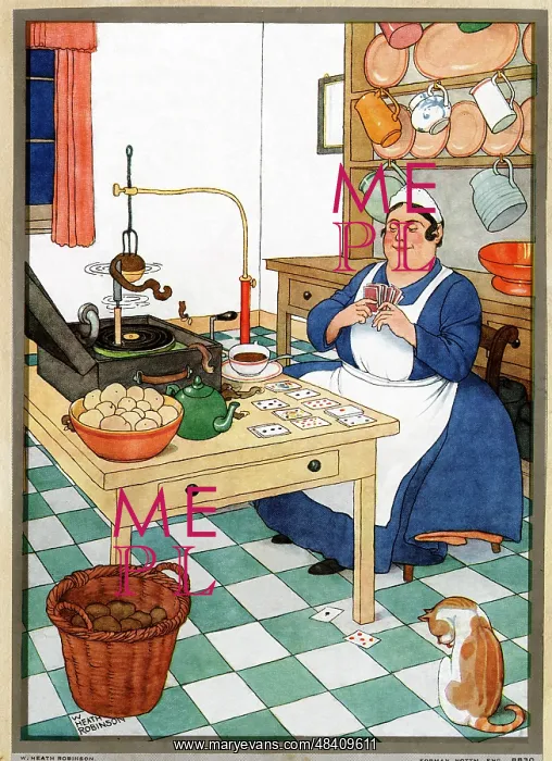 : W Heath Robinson - Peeling Potatoes by Gramophone : W Heath Robinson - Peeling Potatoes by Gramophone