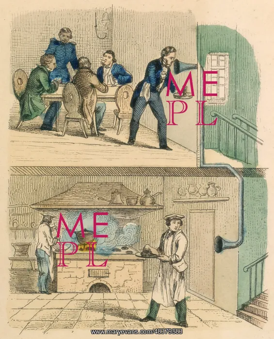 : Waiter in restaurant speaking to kitchen through : Waiter in restaurant speaking to kitchen through