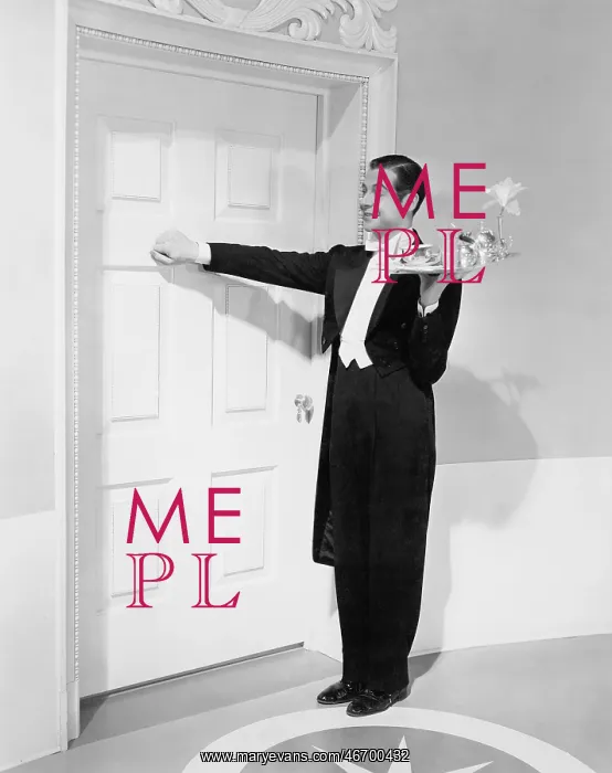 : Waiter with tray knocking on a door : Waiter with tray knocking on a door