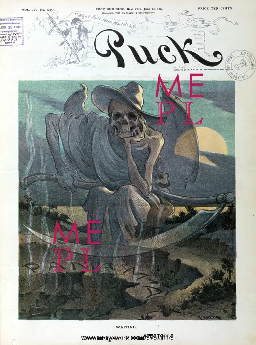 : Waiting. Illustration shows the specter of Death sitting with a scythe on its lap : Waiting. Illustration shows the specter of Death sitting with a scythe on its lap