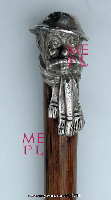: Walking cane with solid silver Bairnsfather Old Bill ha : Walking cane with solid silver Bairnsfather Old Bill ha