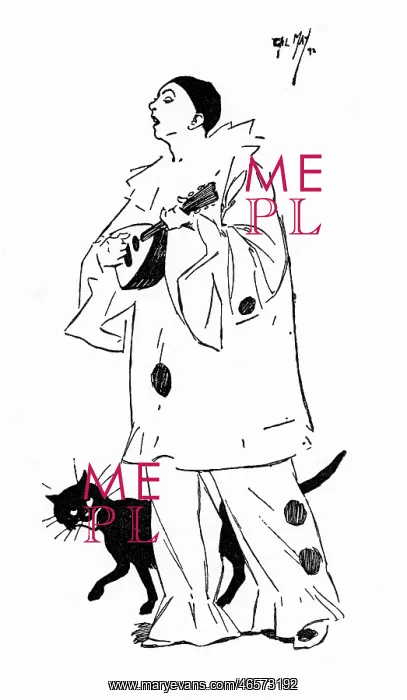 : A wandering Pierrot Minstrel with his black cat : A wandering Pierrot Minstrel with his black cat