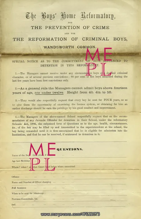 : Wandsworth Reformatory Admission Form Page 1 : Wandsworth Reformatory Admission Form Page 1