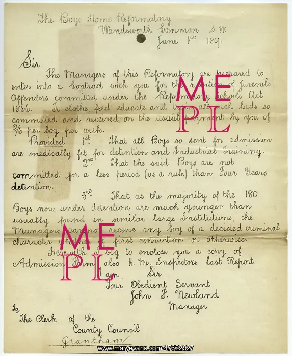 : Wandsworth Reformatory Letter : Wandsworth Reformatory Letter
