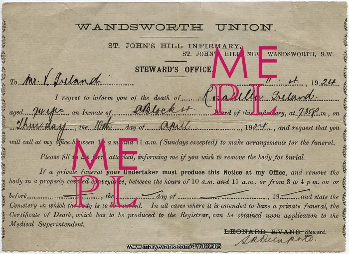 : Wandsworth Workhouse Death Notice : Wandsworth Workhouse Death Notice