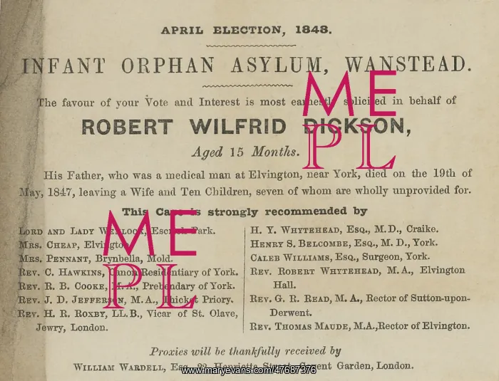 : Wanstead Infant Orphan Asylum - Election Lobby Card : Wanstead Infant Orphan Asylum - Election Lobby Card