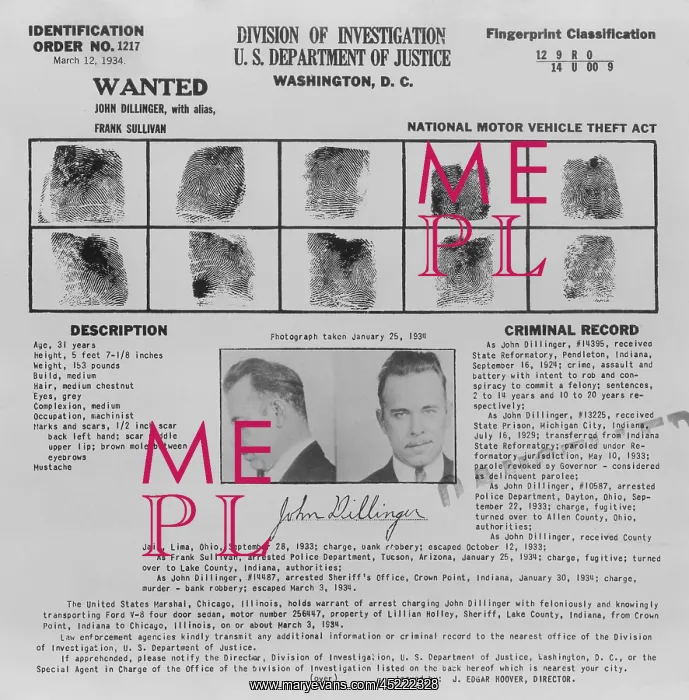 : Wanted Poster for John Dillinger, displaying ? : Wanted Poster for John Dillinger, displaying ?