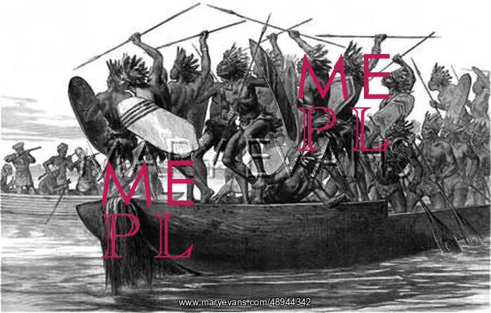 : War Canoe of a Congo Tribe, Aruwimi River, 1870s : War Canoe of a Congo Tribe, Aruwimi River, 1870s