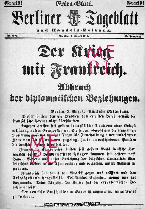 : War with France announced, Germany, WW1 : War with France announced, Germany, WW1