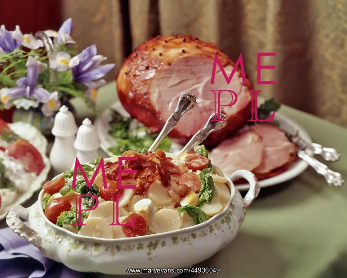 : Warm Potato Salad with Bacon Baked Ham in Background : Warm Potato Salad with Bacon Baked Ham in Background