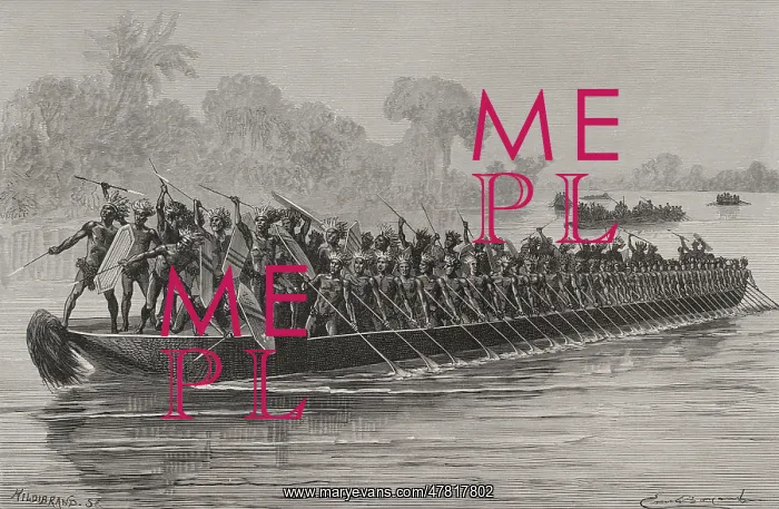 : Warriors in a canoe navigating the Aruwimi River : Warriors in a canoe navigating the Aruwimi River