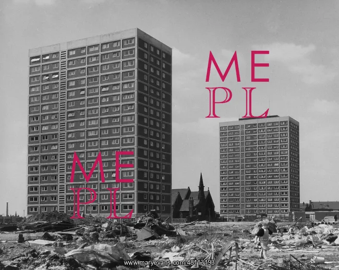 : Waste ground, tower blocks and a church : Waste ground, tower blocks and a church