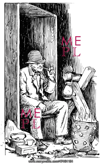 : Watchman smoking pipe sitting in front of brazier : Watchman smoking pipe sitting in front of brazier