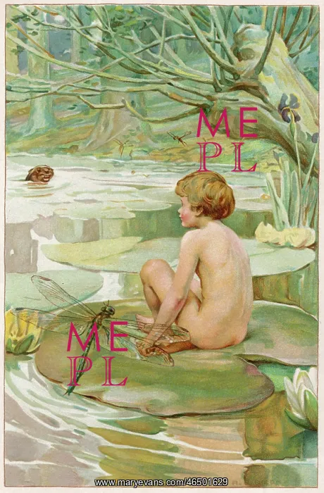 : The Water Babies - Tom, seated on a lily pad : The Water Babies - Tom, seated on a lily pad