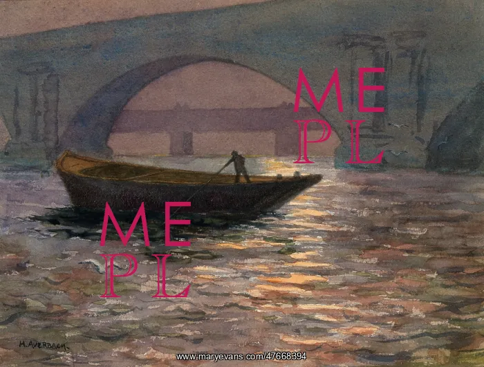 : Watercolour by Harold Auerbach, boat on a river : Watercolour by Harold Auerbach, boat on a river