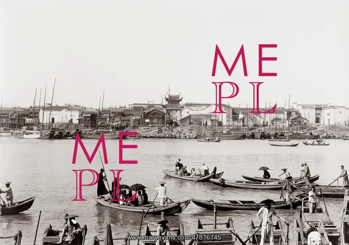 : Waterfront scene with boats, China c.1900 : Waterfront scene with boats, China c.1900