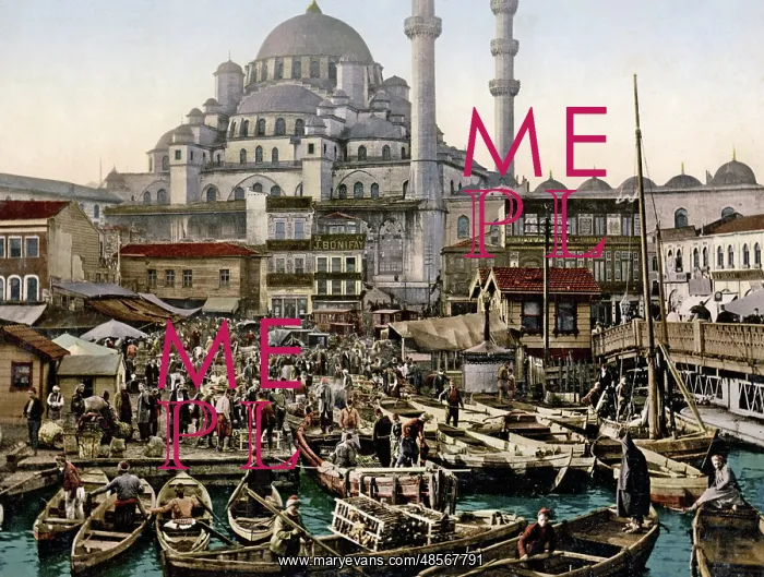 : Waterfront scene, Constaninople, (Istanbul) Turkey, circa 18 : Waterfront scene, Constaninople, (Istanbul) Turkey, circa 18