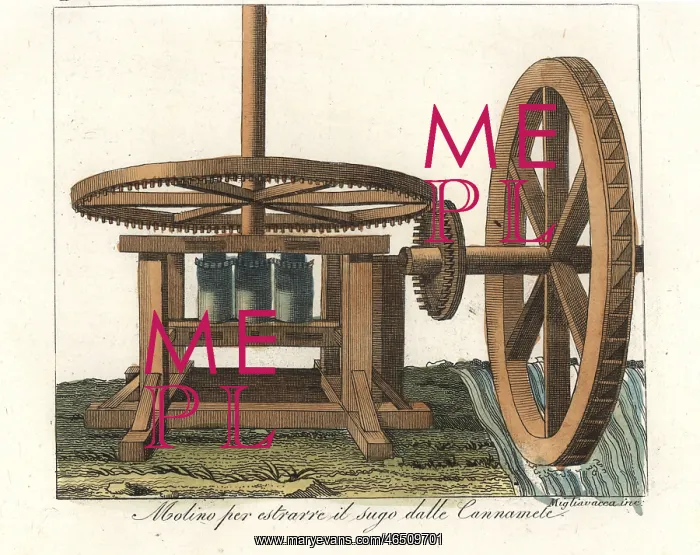 : Watermill to extract sugar from cane on a slave plantation : Watermill to extract sugar from cane on a slave plantation
