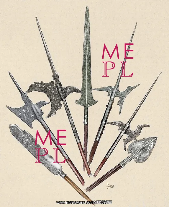 : Weapons. Halberds and spearhead. Colored engraving : Weapons. Halberds and spearhead. Colored engraving