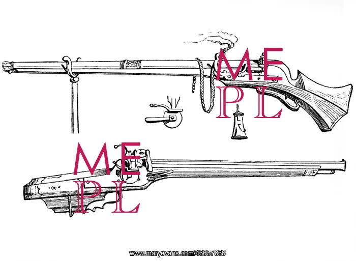 : weapons, rifles, above: musket with matchlock : weapons, rifles, above: musket with matchlock