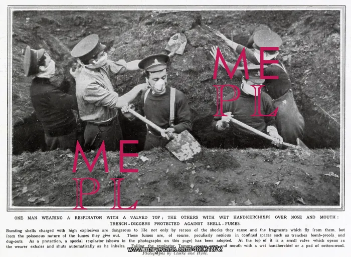 : Wearing respirators in a trench 1915 : Wearing respirators in a trench 1915
