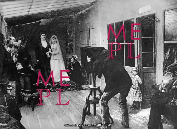 : Wedding couple at a photographer, around 1900 : Wedding couple at a photographer, around 1900