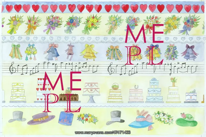 : Wedding design with rows of hearts, bouquets, cakes, hats et : Wedding design with rows of hearts, bouquets, cakes, hats et