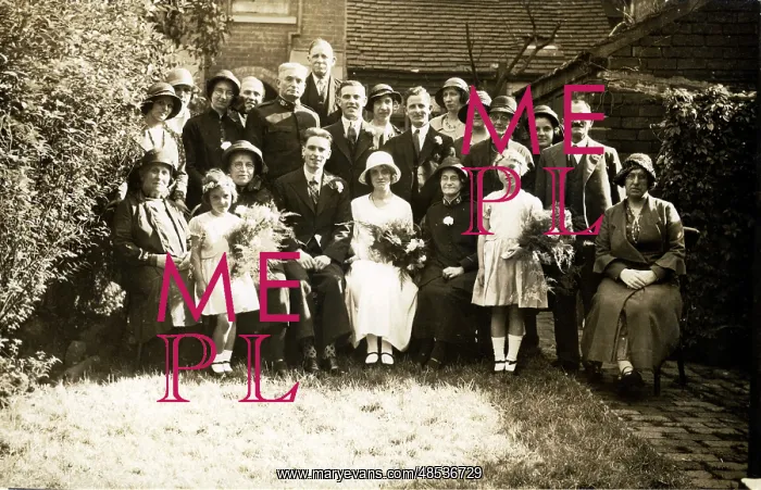 : Wedding Group in Garden, Old Hill, Warwickshire : Wedding Group in Garden, Old Hill, Warwickshire
