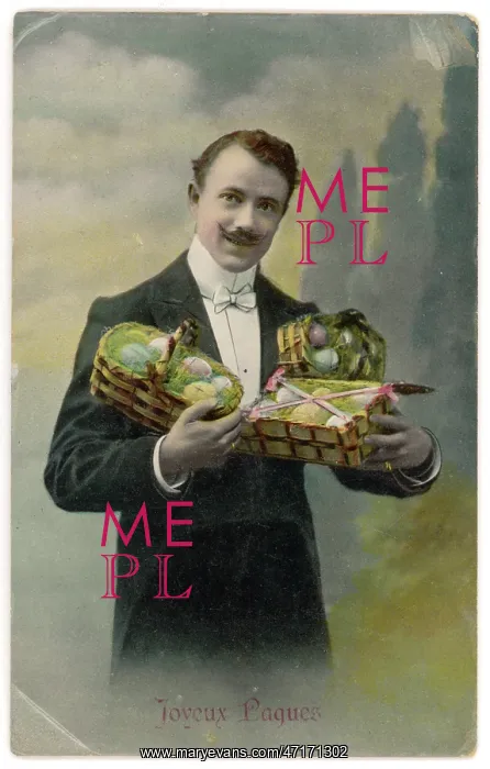  : Well-dressed man with armful of Easter eggs