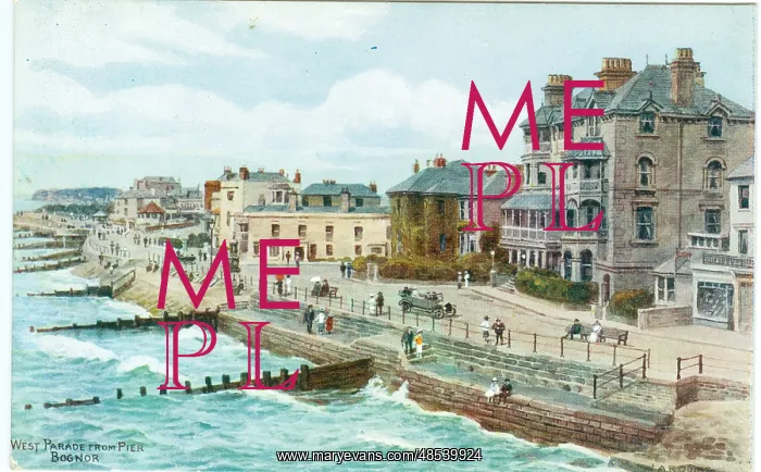 : West Parade, Bognor, rough sea, motor car, pedestrians : West Parade, Bognor, rough sea, motor car, pedestrians