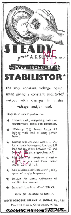 : Westinghouse STABILISTOR Constant Voltage Equipment : Westinghouse STABILISTOR Constant Voltage Equipment
