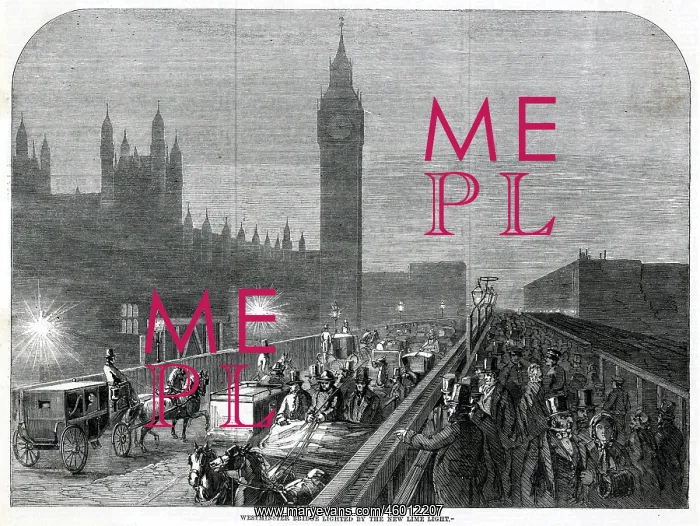 : Westminster Bridge lit by lime light 1860 : Westminster Bridge lit by lime light 1860