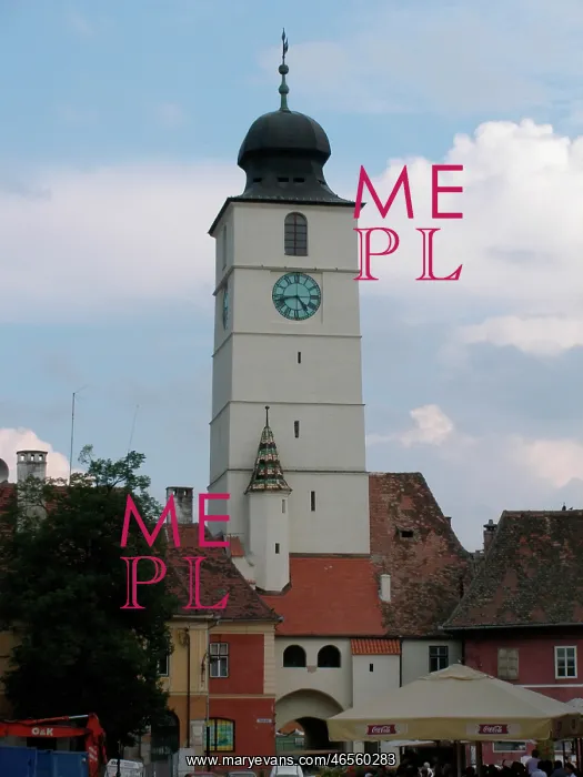 : White clock tower in Sibiu, Romania : White clock tower in Sibiu, Romania