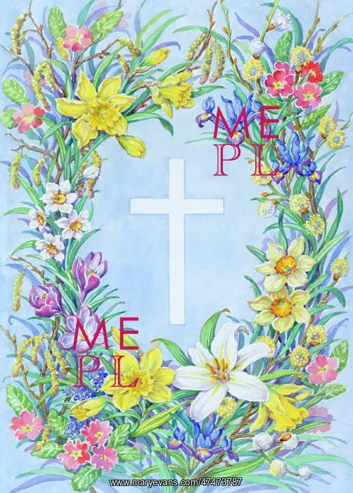 : White Cross with daffodils, narcissi, iris etc : White Cross with daffodils, narcissi, iris etc