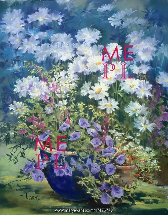  : White Daisies and Campanula in a blue pot