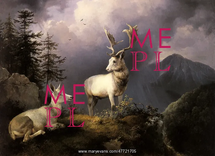 : White Fallow Deer and Doe in a Mountain Landscape : White Fallow Deer and Doe in a Mountain Landscape