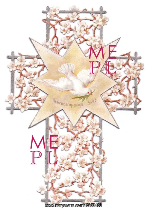 : White flowers and dove on a cross-shaped Easter card : White flowers and dove on a cross-shaped Easter card